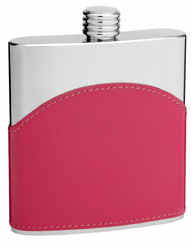 ''Faux LEATHER Hip Flask Holding 6 oz - Pocket Size, Stainless Steel, Rustproof, Screw-On Cap - Pink 